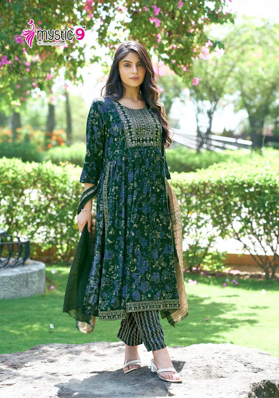 Sara Vol 9 By Mystic 9 Rayon Foil Printed Kurti With Bottom Dupatta Wholesale Market In Surat
